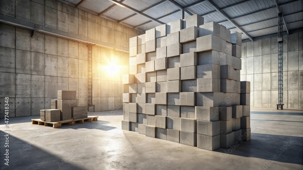 Leinwandbilder Sunlit Industrial Space Featuring a Large-Scale Modular Concrete Block Installation and Smaller Stacked Cubes on a Pallet