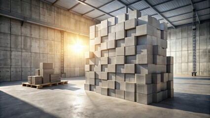 Obraz premium Sunlit Industrial Space Featuring a Large-Scale Modular Concrete Block Installation and Smaller Stacked Cubes on a Pallet