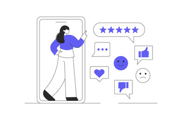 Woman on mobile device gives rating providing feedback on customer experience and satisfaction. Flat Cartoon Vector Illustration, icon. Stylish abstract design landing page