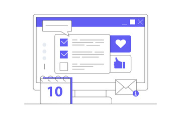 Blogger writing content creation checklist computer screen with calendar social media promotion strategy planning. Flat Cartoon Vector Illustration, icon. Stylish abstract design landing page