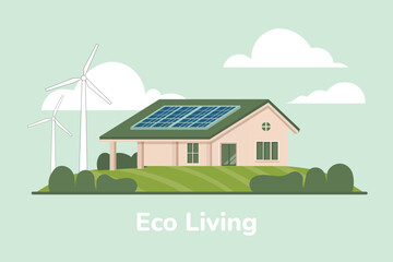 Eco friendly house with solar panels and wind turbines, surrounded by greenery under cloudy sky