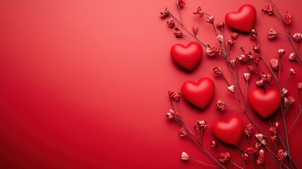 Obraz premium Happy Valentines Day card, background for celebration. A dynamic display of red hearts on a rich red background with sparkling elements.