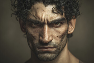 Intense headshot of stern Middle Eastern man with curly hair and focused expression