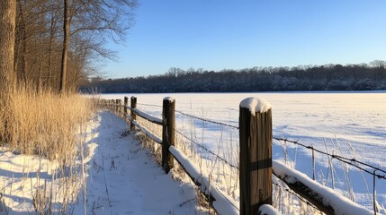 Fototapeta premium Snowy winter landscape with a wooden fence.