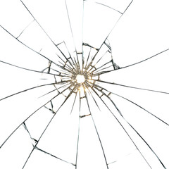 Shattered glass with bright center, radiating fractures against a dark background, damage visible
