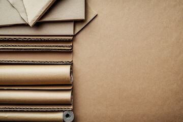Assorted cardboard and paper products arranged on a beige surface.  Layers of corrugated cardboard, flattened and rolled paper, and envelopes are neatly stacked and presented
