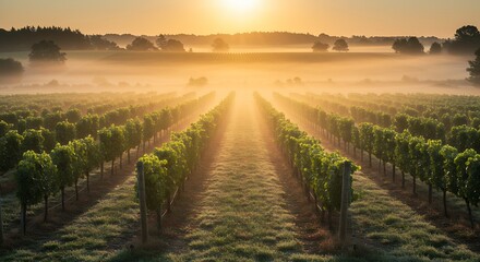 Fototapeta premium Vineyard at Sunrise with Fog