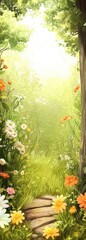 Springtime scene. Trees and flowers on the grass in the forest. The scene is filled with tranquility. illustration background. 