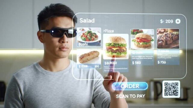 Man using smart glasses to order food from a virtual menu, showcasing future technology and dining experience