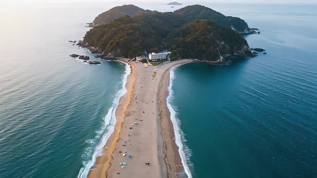 両側に海を湛える砂州が山と建物へと続く空撮風景