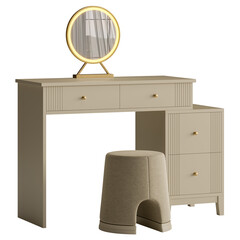 A vanity with a mirror and a stool