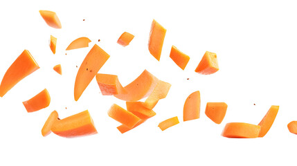 Vibrant Falling Slices of Orange Carrots on White Background