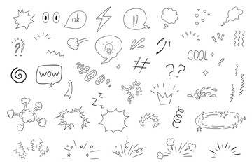 Collection of hand-drawn comic doodles: speech bubbles, explosions, arrows, stars, question marks, lightbulb ideas, clouds, swirls, cool signs. Perfect for comics, design, and decoration.