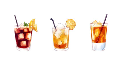 Professional Set of Cocktails with Ice on White Background for Mixology Ads