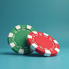 Red and green poker chips against a turquoise background, symbolizing gambling and casino leisure. Perfect for illustrating gaming, luck, or casino themes