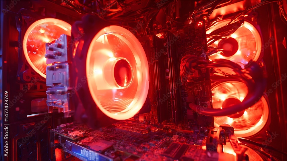 Leinwandbilder inside a high performance computer, computer circuit board and cpu cooling fans illuminated by inter
