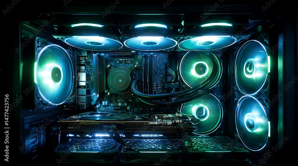 Leinwandbilder inside a high performance computer, computer circuit board and cpu cooling fans illuminated by inter