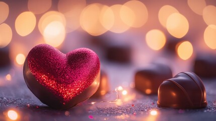 Obraz premium A glittery pink heart surrounded by assorted chocolates with a blurred bokeh background.