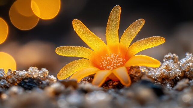 Close-up of a vibrant yellow flower resting on textured ground
