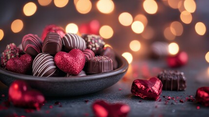  A glittery pink heart surrounded by assorted chocolates with a blurred bokeh background.