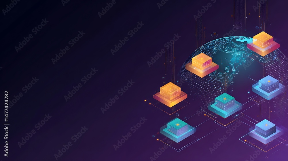 Fototapete Illustration of the function of the global online blockchain technology and block validation or creation process and connection as wide banner design with copy space area