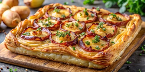 Delectable caramelized onion and pastry tart, baked to golden perfection on a rustic wooden board, garnished with fresh herbs