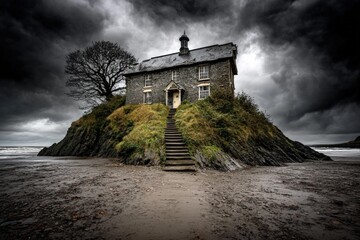Naklejka premium A lonely stone house sits atop a rocky mound, surrounded by dramatic clouds and a deserted beach, creating a mysterious and atmospheric scene.