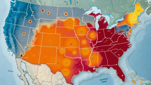A heat map of the United States shows varying temperature intensities across different regions.