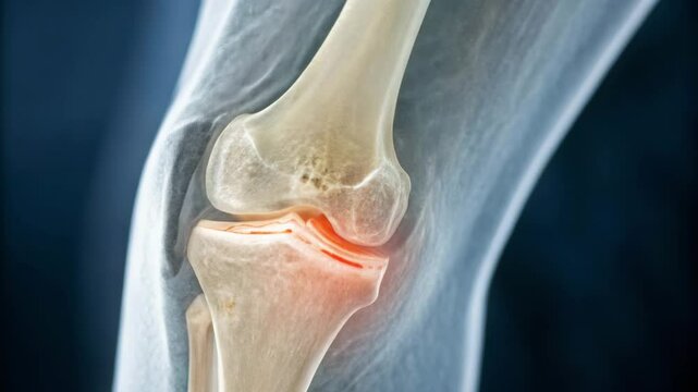 A detailed medical illustration of a human knee joint showing inflammation and cartilage damage.
