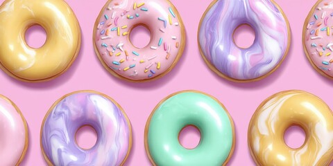 Colorful donuts with glossy icing and sprinkles arranged in a playful pattern on a pastel pink backdrop showcasing a delightful dessert concept for a sweet indulgence or bakery design