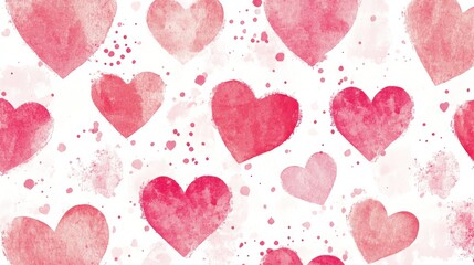 A pattern of various watercolor hearts in shades of red on a white background.