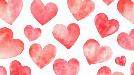 A pattern of various watercolor hearts in shades of red on a white background.