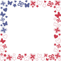Decorative USA flag frame, Patriotic square border, 4th of july, American flag with hearts, flowers and butterfly