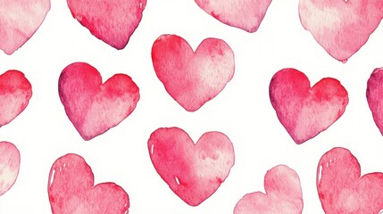 Obraz premium A pattern of various watercolor hearts in shades of red on a white background.