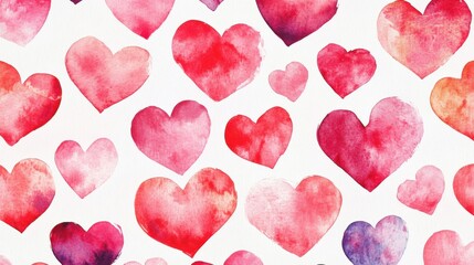 A pattern of various watercolor hearts in shades of red on a white background.