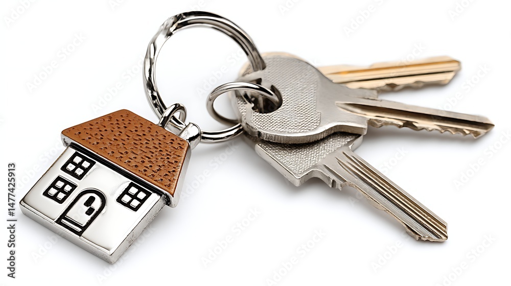 Poster house keys with house shaped keychain isolated