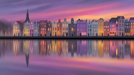 Obraz premium Serene urban sunset reflecting on picturesque canal houses showcasing colorful façades and illuminated windows creating a captivating urban landscape filled with vibrant colors