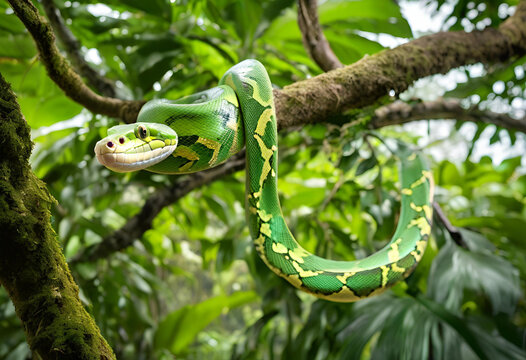 Green tree python snake on branch reptile wildlife nature animal exotic rainforest view