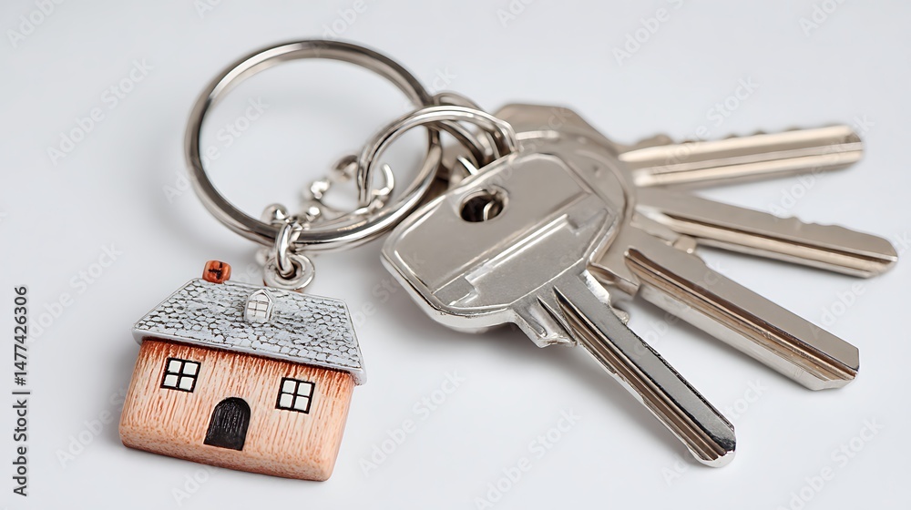 Poster house keys with house shaped keychain isolated