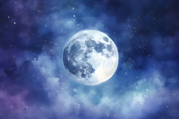 Naklejka premium Beautiful Night Sky with Full Moon and Starry Background Art