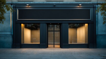 Horizontal black empty signage on clothes shop front with glass windows, website header, creative banner, copyspace image