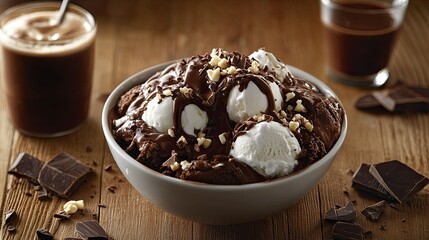 A delectable dessert in a white bowl features a scoop of vanilla ice cream topped with rich chocolate fudge, surrounded by chunks of brownie.