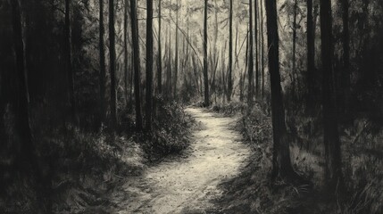 Obraz premium Monochromatic forest path winding through dense trees