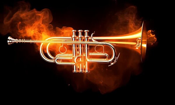 Glimmering trumpet ablaze with fiery energy against a stark black background
