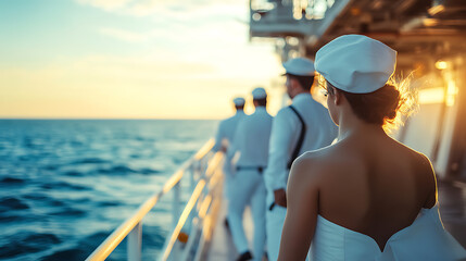 Cruise Ship Crew Members on Deck at Sunset