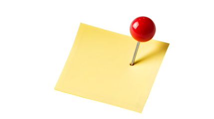 Bright Yellow Sticky Note with Red Pin on Clean White Background
