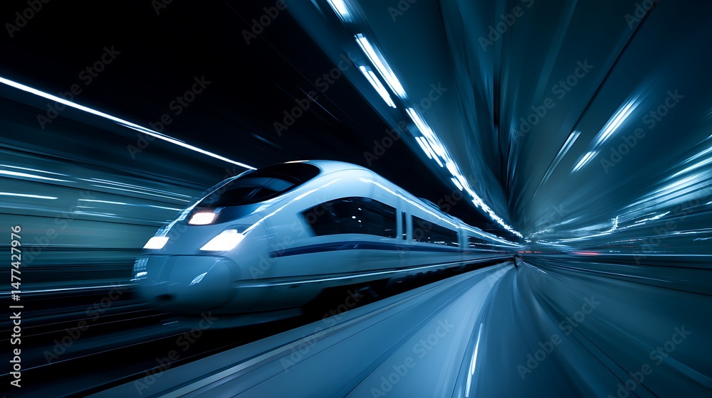 Poster high, speed futuristic train rushing at high speed in a tunnel with bright lights