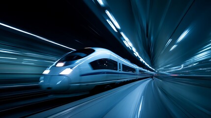 Fototapeta premium High, speed futuristic train rushing at high speed in a tunnel with bright lights