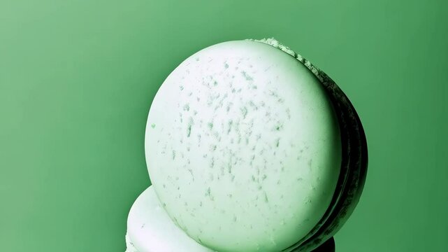 Stacked green macarons with mint leaves, dusted with powdered sugar, displayed against a matching green background, higher macaron is making a turn