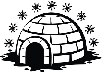 Modern igloo surrounded by snowflake silhouette vector illustration, igloo surrounded by snowflake line art vector, igloo surrounded by snowflake vector icon